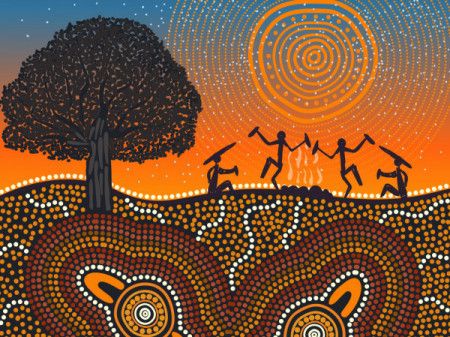 Campfire and dance, aboriginal cultural night painting