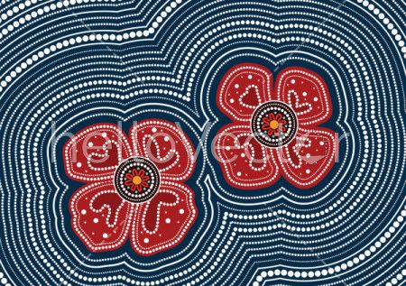 Aboriginal dot art painting with red poppy flowers - Vector Illustration