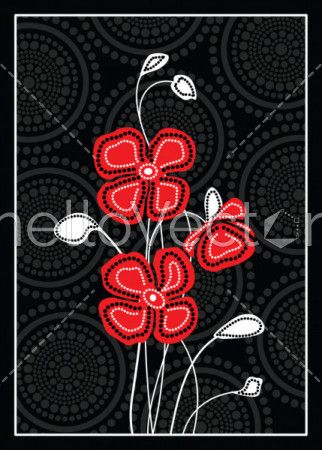 Red poppy flowers with Aboriginal art background - Vector Illustration