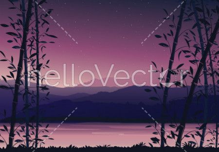 Nature background with bamboo, Colorful sunset, scenery landscape wallpaper - vector illustration