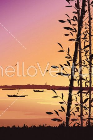 Scenery mobile wallpaper, Nature background with bamboo and river portrait view - vector illustration