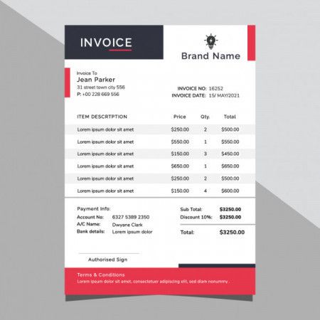 Business invoice design in red and black