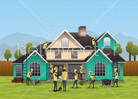 Building, house construction design & concept. Residential house construction process - Vector Illustration
