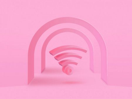 Minimal arch corridor background with 3d WiFi networking icon