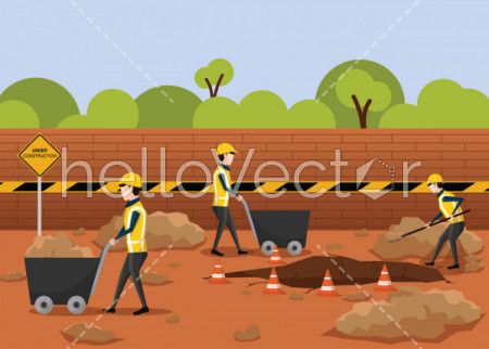 Road Construction Vector - The process of building a new road. Group of workers are repairing the road.