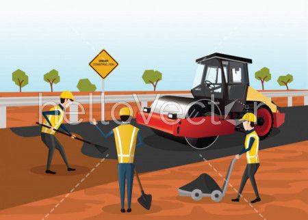 Road Construction Vector - The process of building a new road. Road rollers working on the new road.