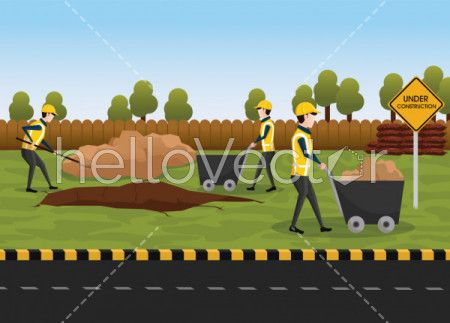 Road Construction Vector - The process of building a new road. Group of workers are repairing the road. 