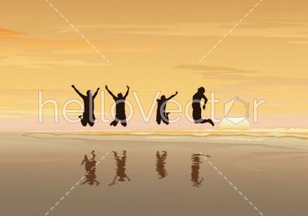 Freedom and independence concept background, Silhouette of happy people jumping on sea beach