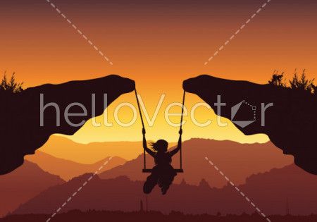 Freedom and independence concept background, Vector silhouette of a young teenager girl swinging over the mountain.