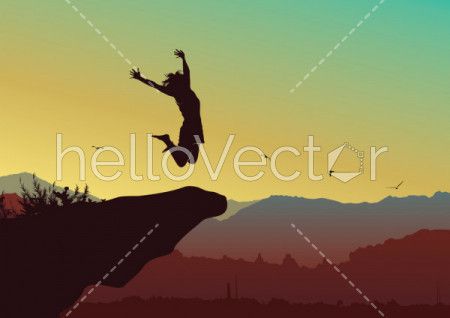 Freedom and independence concept background, Silhouette of a happy woman jumping on top of the mountain