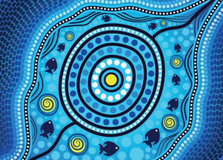 Blue aboriginal water artwork with fish