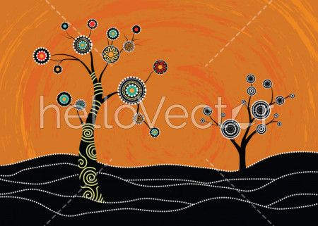 Tree on the hill,  Aboriginal tree,  Aboriginal art vector painting with tree