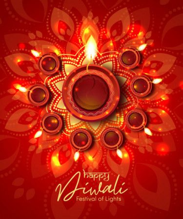 Shiny red floral Diwali Festival background with Diya lamps and Rangoli