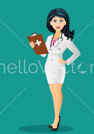 Beautiful female doctor with stethoscope in white lab coat, holding a medical record - Vector illustration