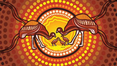 Emu And Chicks Aboriginal Dot Painting
