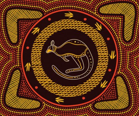 Aboriginal artwork with kangaroo and boomerang