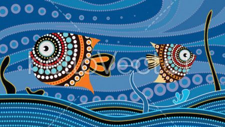 Aboriginal dot art painting with fish, Underwater concept