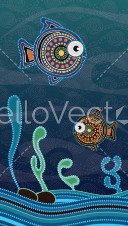 Aboriginal dot art painting with fish underwater concept.