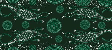 Aboriginal dot art vector green background with lizard