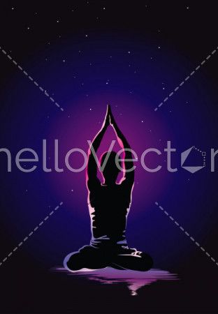 Yoga background vector illustration, Glowing outline of man in yoga pose on dark background.