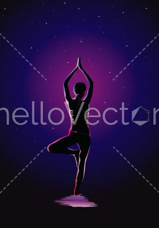 Yoga background vector illustration, Glowing outline of woman in yoga pose on dark background.