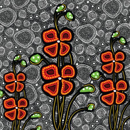 Aboriginal dot art painting with red poppy flowers
