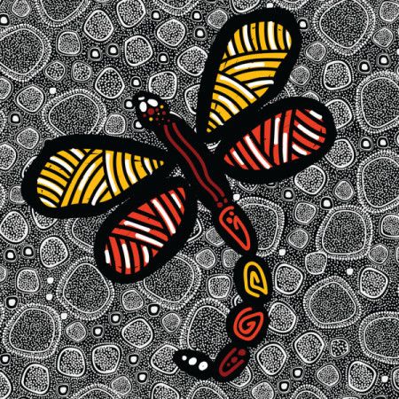 Aboriginal dot art vector painting with dragonfly