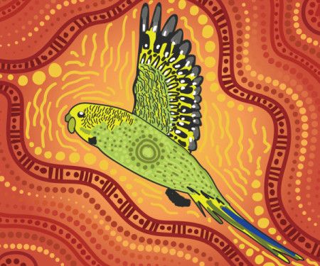Green flying budgie aboriginal art background