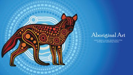 Aboriginal dot art banner design with wolf