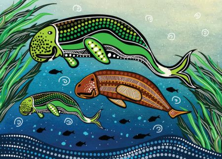 Aboriginal art vector painting with dugong family