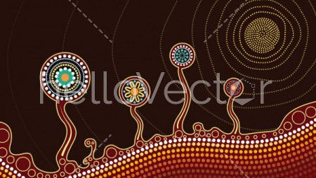 An illustration based on aboriginal style of dot painting depicting trees, hill and sun