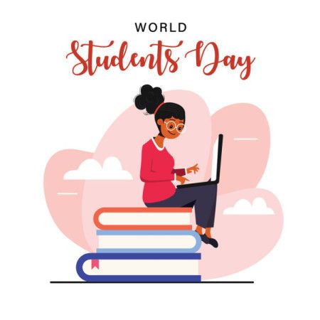 Student girl sitting with laptop, World students day concept