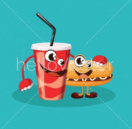 Funny hot dog and soda cartoon characters with cute smiling face - vector illustration