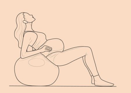 Line drawing of a pregnant woman doing exercise with a Swiss ball