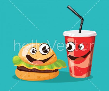 Fast food cartoon characters with cute smiling face - vector illustration