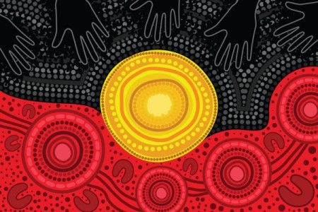 Aboriginal dot art style vector artwork with hands