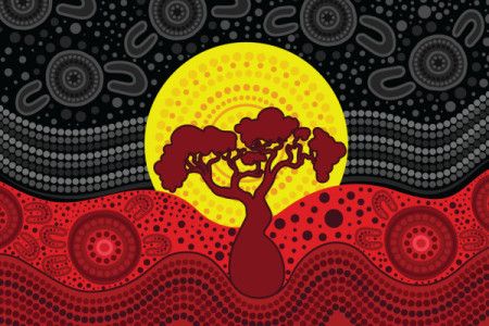 Aboriginal landscape painting illustration with tree