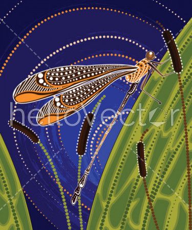 Dragonfly on cattails aboriginal art vector painting.