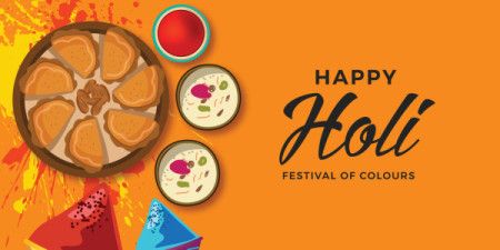 Holi banner design with traditional Indian food and colours