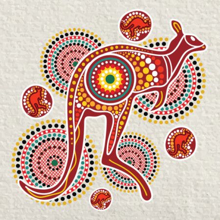 Colorful kangaroo artwork with aboriginal dot art style