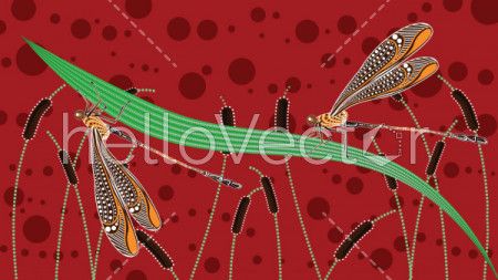 Dragonfly on cattails, aboriginal art vector landscape background.