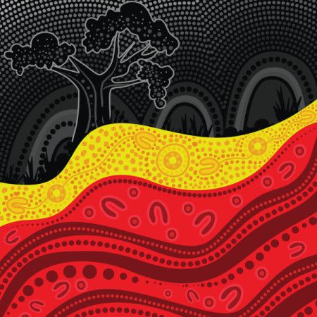Aboriginal-inspired dot nature painting featuring the colors of the aboriginal flag