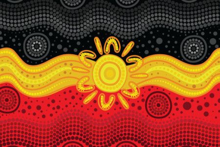Aboriginal-themed dot painting with the colors of the aboriginal flag