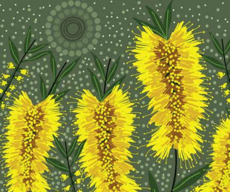 Yellow bottle brush flora in aboriginal painting