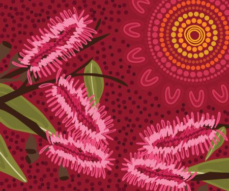 Pink bottle brush flora in indigenous painting