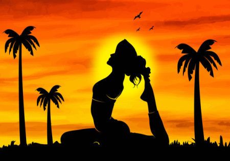 Sunset-themed illustration featuring a yoga silhouette