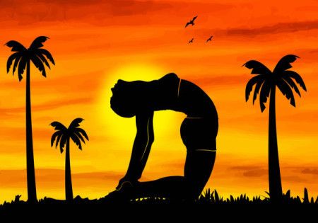 Illustration of a sunset and a yoga figure in silhouette
