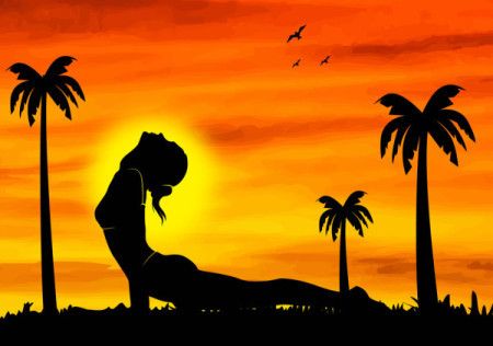 Illustrated sunset background with a yoga pose silhouette