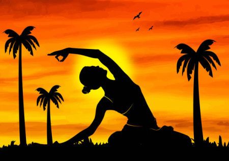 Illustration of a yoga pose with a sunset backdrop
