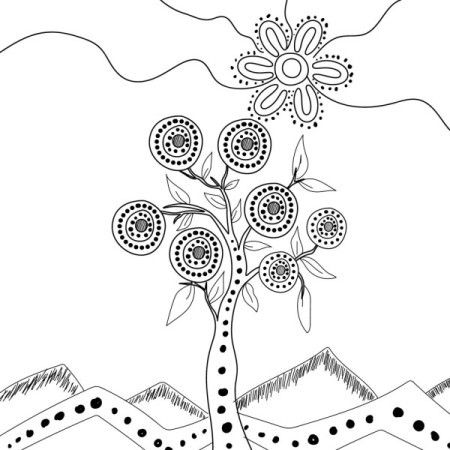 Aboriginal tree art in black and white illustration